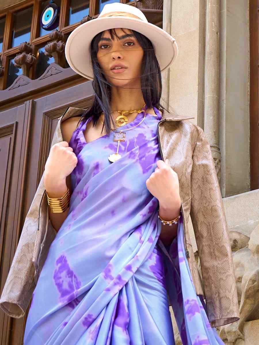 Purple Satin Crepe Printed Casual Festival Contemporary Saree