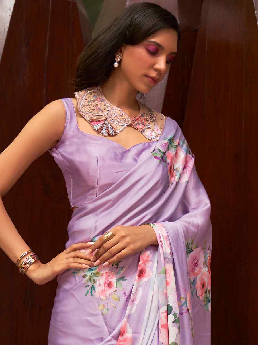 Purple Satin Crepe Printed Party Festival Contemporary Saree