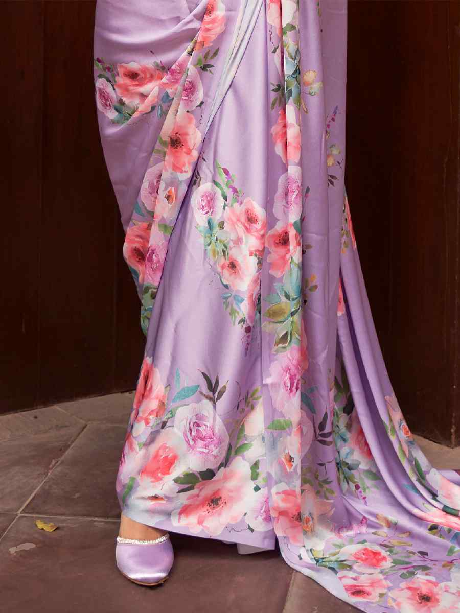 Purple Satin Crepe Printed Party Festival Contemporary Saree