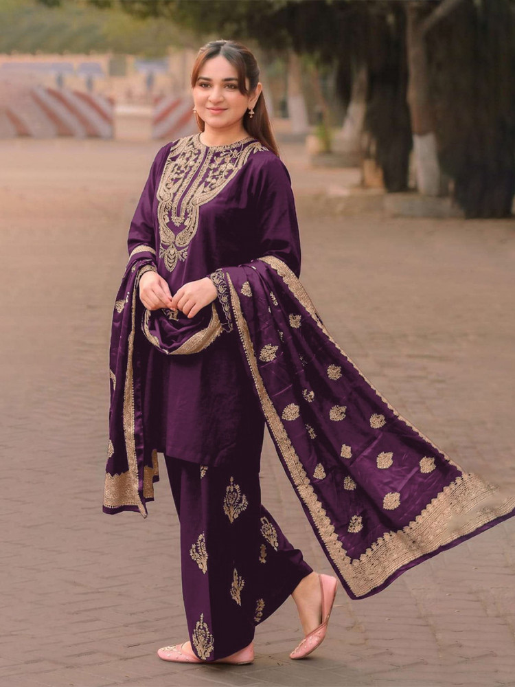 Image of Purple Satin Embroidery Wedding Party Festival Casual Ready Palazzo Pant Salwar Kameez