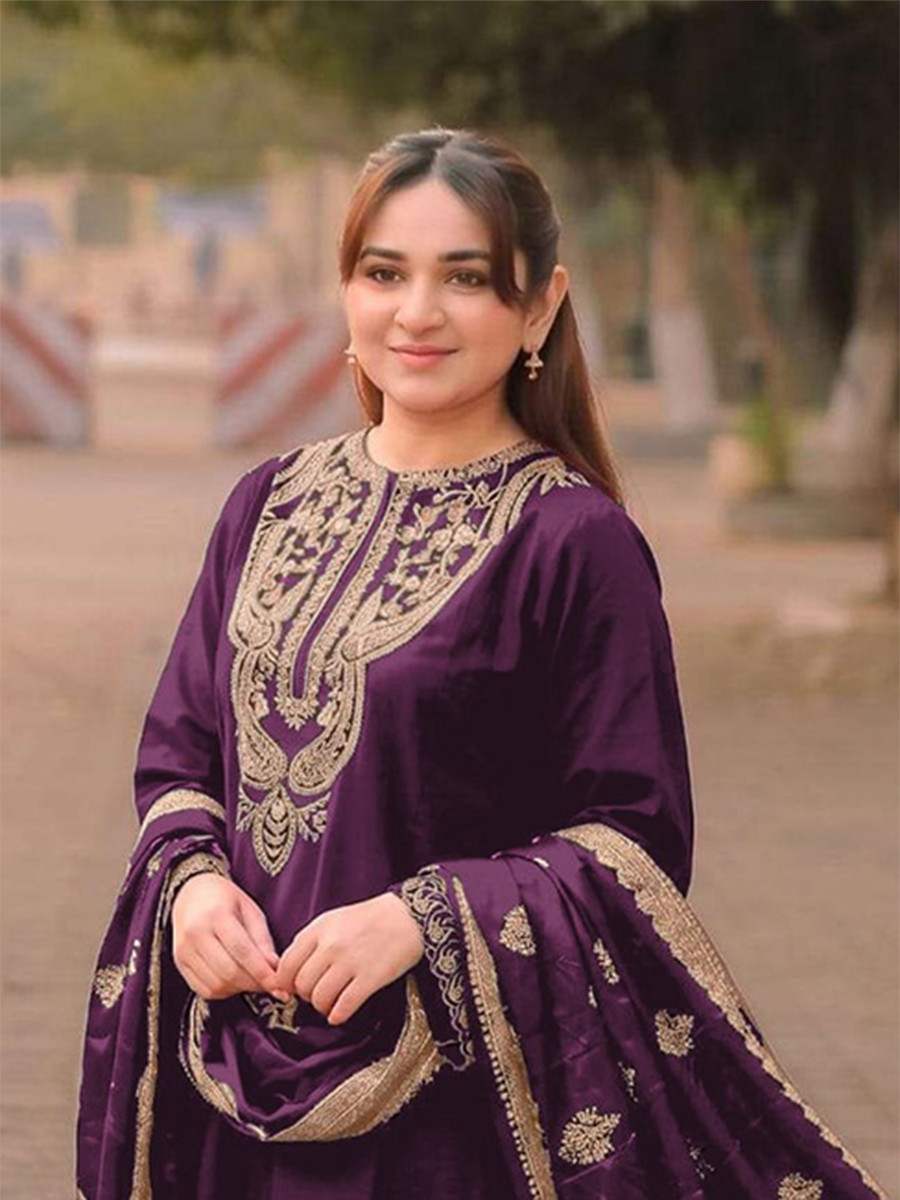 Purple Satin Embroidery Wedding Party Festival Casual Ready Palazzo Pant Salwar Kameez