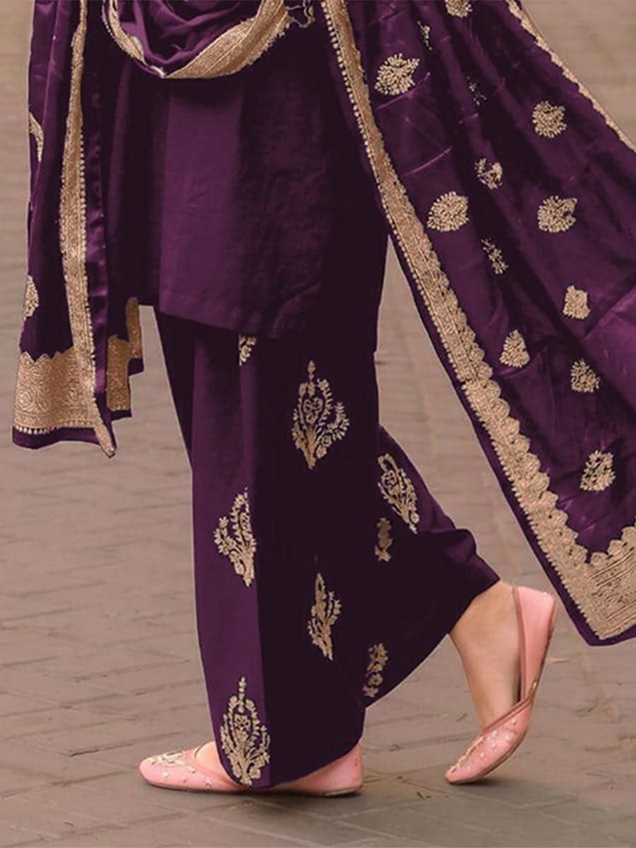 Purple Satin Embroidery Wedding Party Festival Casual Ready Palazzo Pant Salwar Kameez