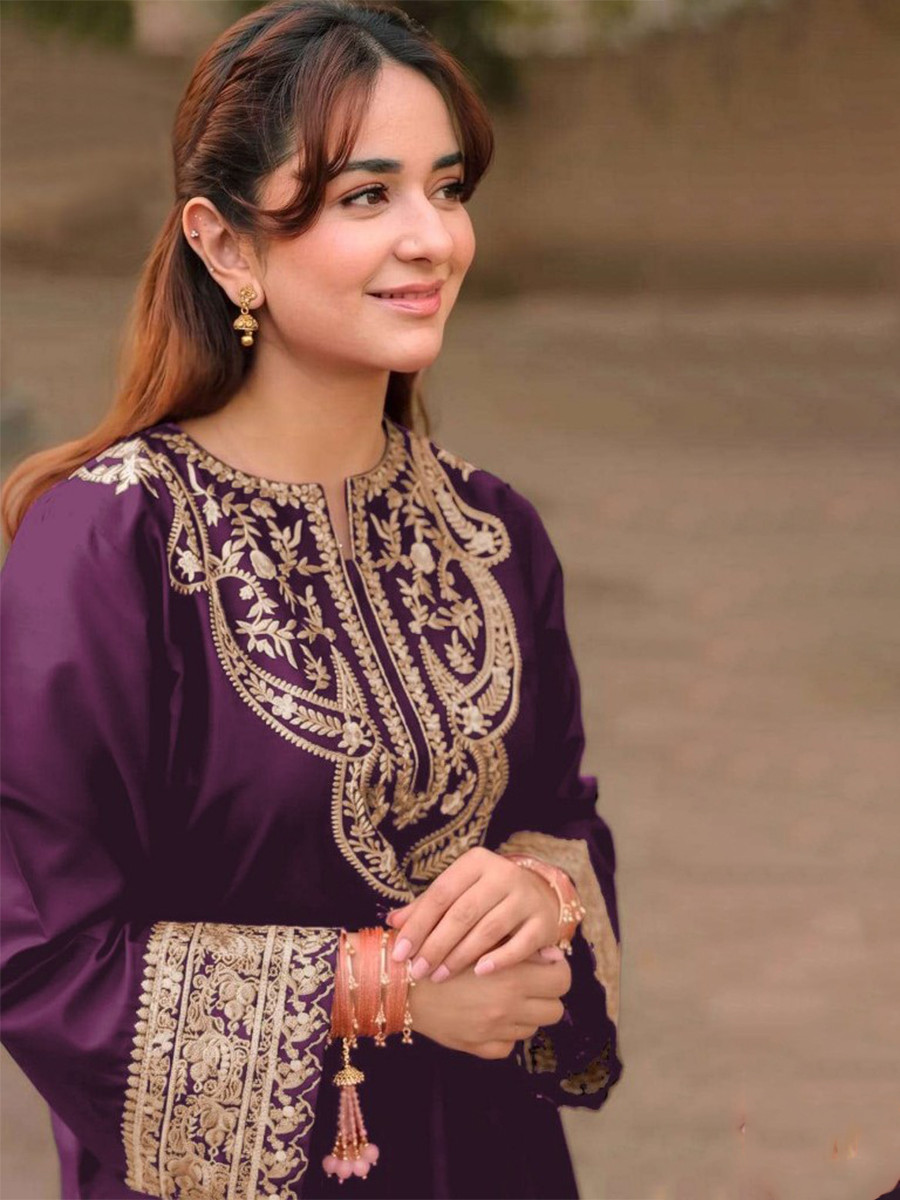 Purple Satin Embroidery Wedding Party Festival Casual Ready Palazzo Pant Salwar Kameez