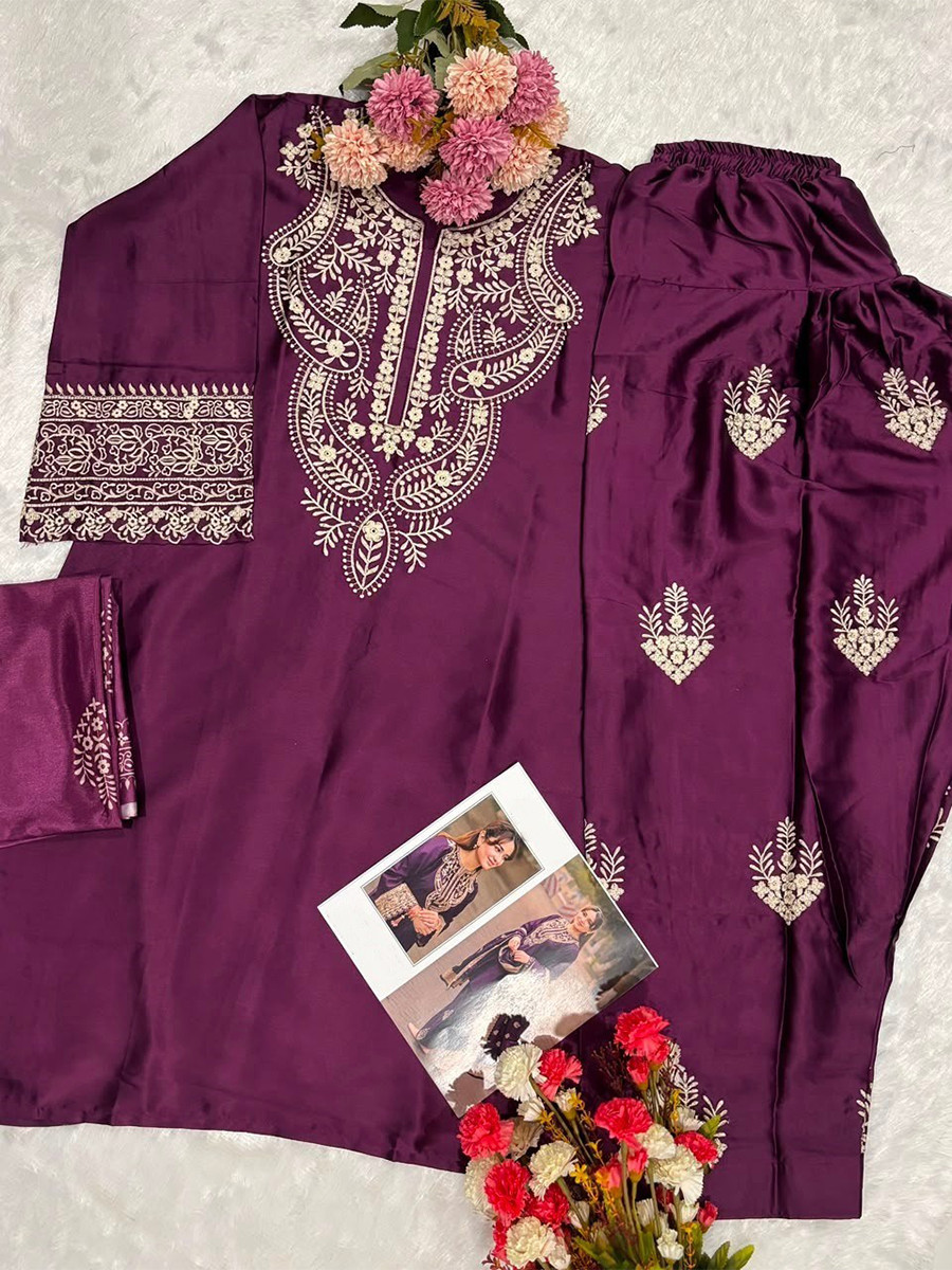 Purple Satin Embroidery Wedding Party Festival Casual Ready Palazzo Pant Salwar Kameez