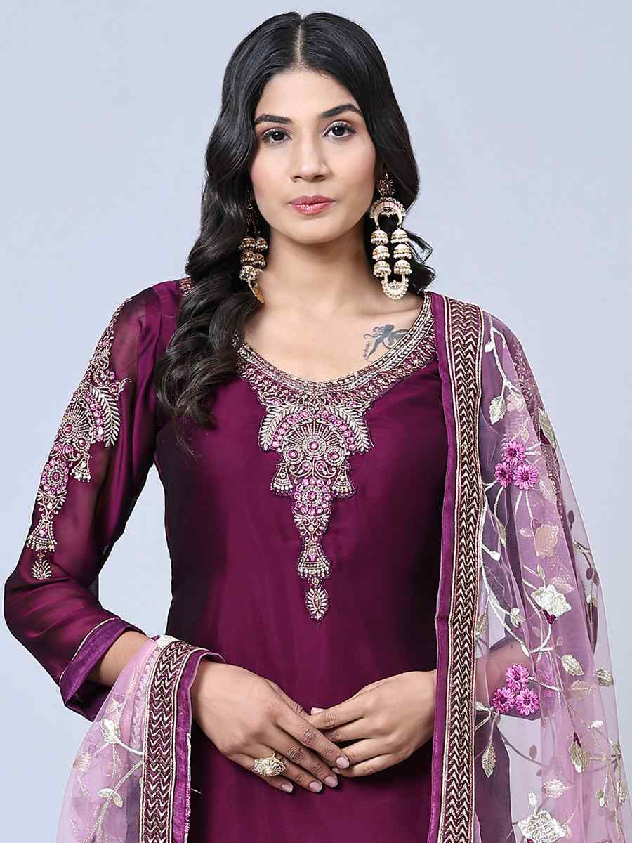 Purple Satin Georgette Embroidered Festival Wedding Pant Salwar Kameez
