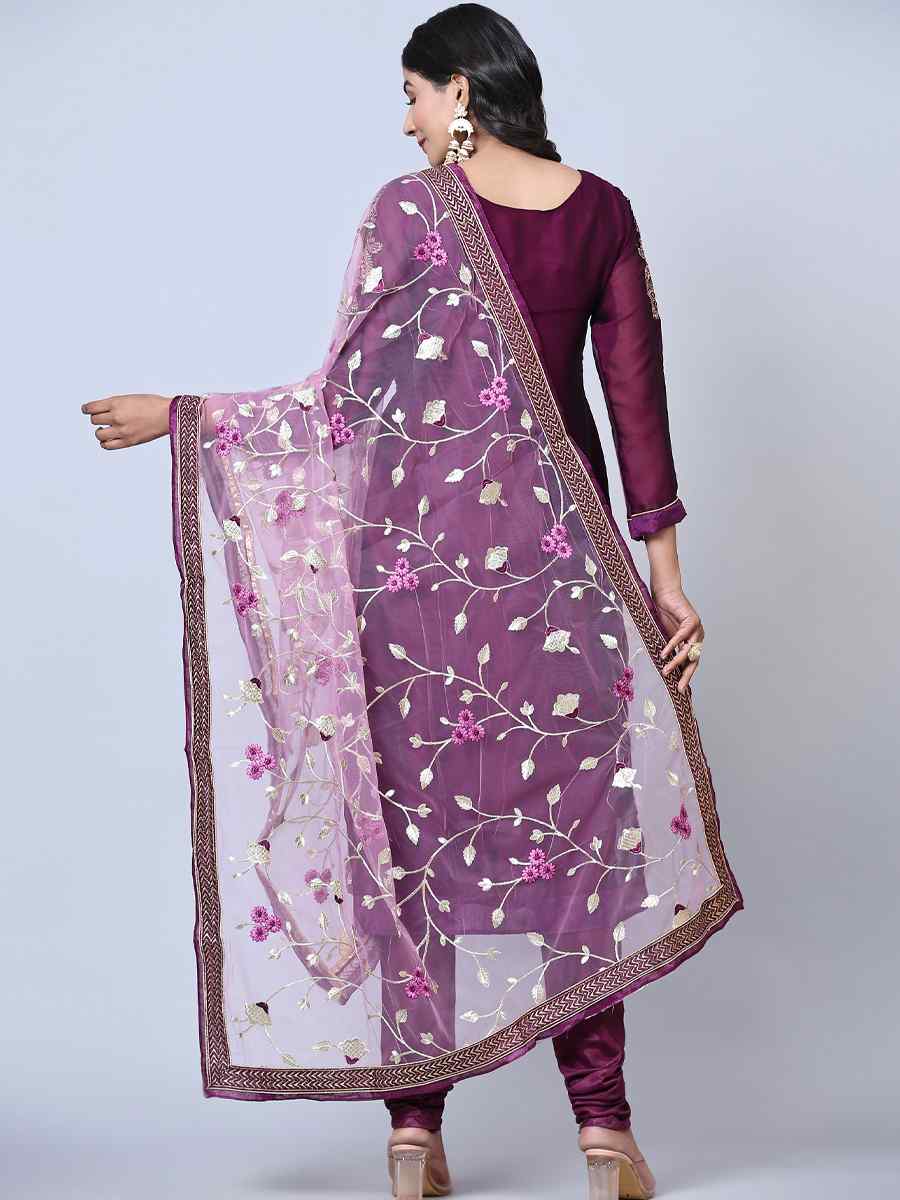Purple Satin Georgette Embroidered Festival Wedding Pant Salwar Kameez