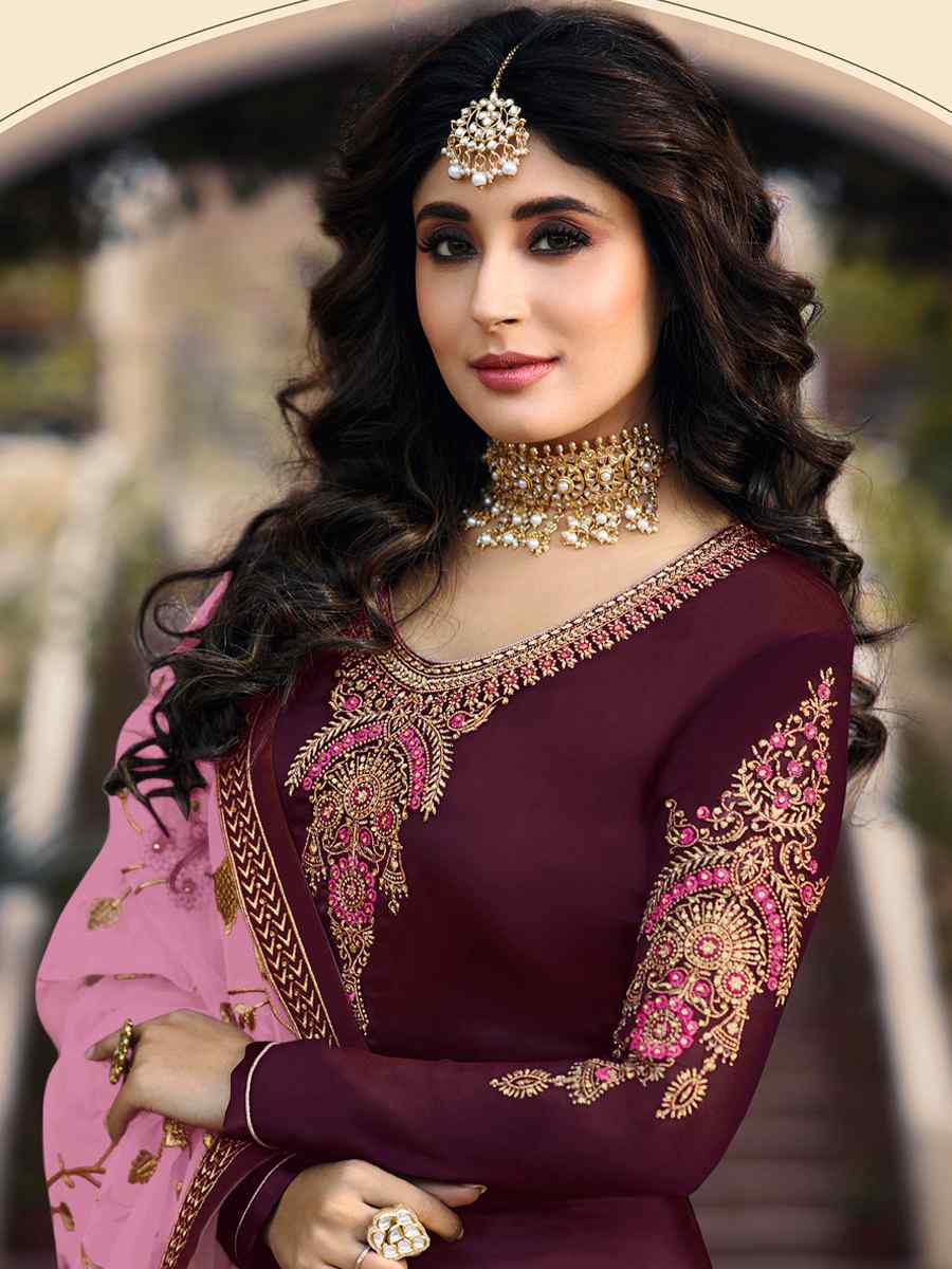 Purple Satin Georgette Embroidered Wedding Party Bollywood Style Churidar Salwar Kameez