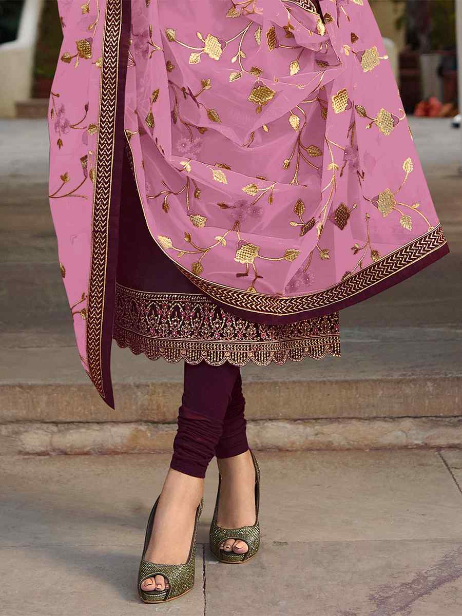 Purple Satin Georgette Embroidered Wedding Party Bollywood Style Churidar Salwar Kameez