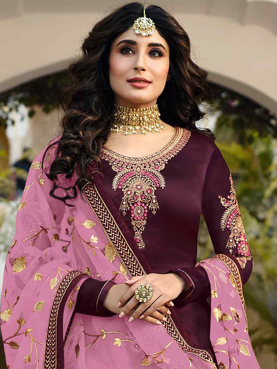 Purple Satin Georgette Embroidered Wedding Party Bollywood Style Churidar Salwar Kameez