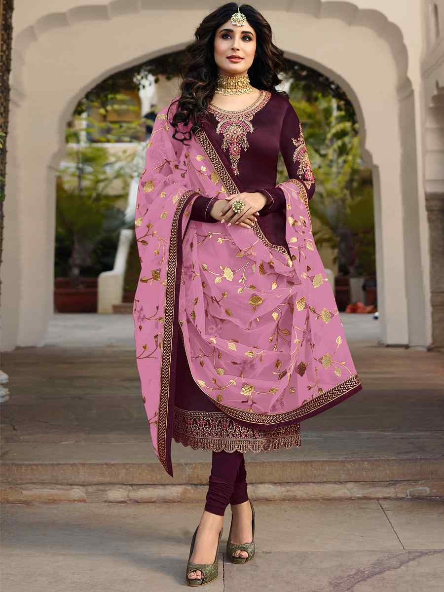 Purple Satin Georgette Embroidered Wedding Party Bollywood Style Churidar Salwar Kameez