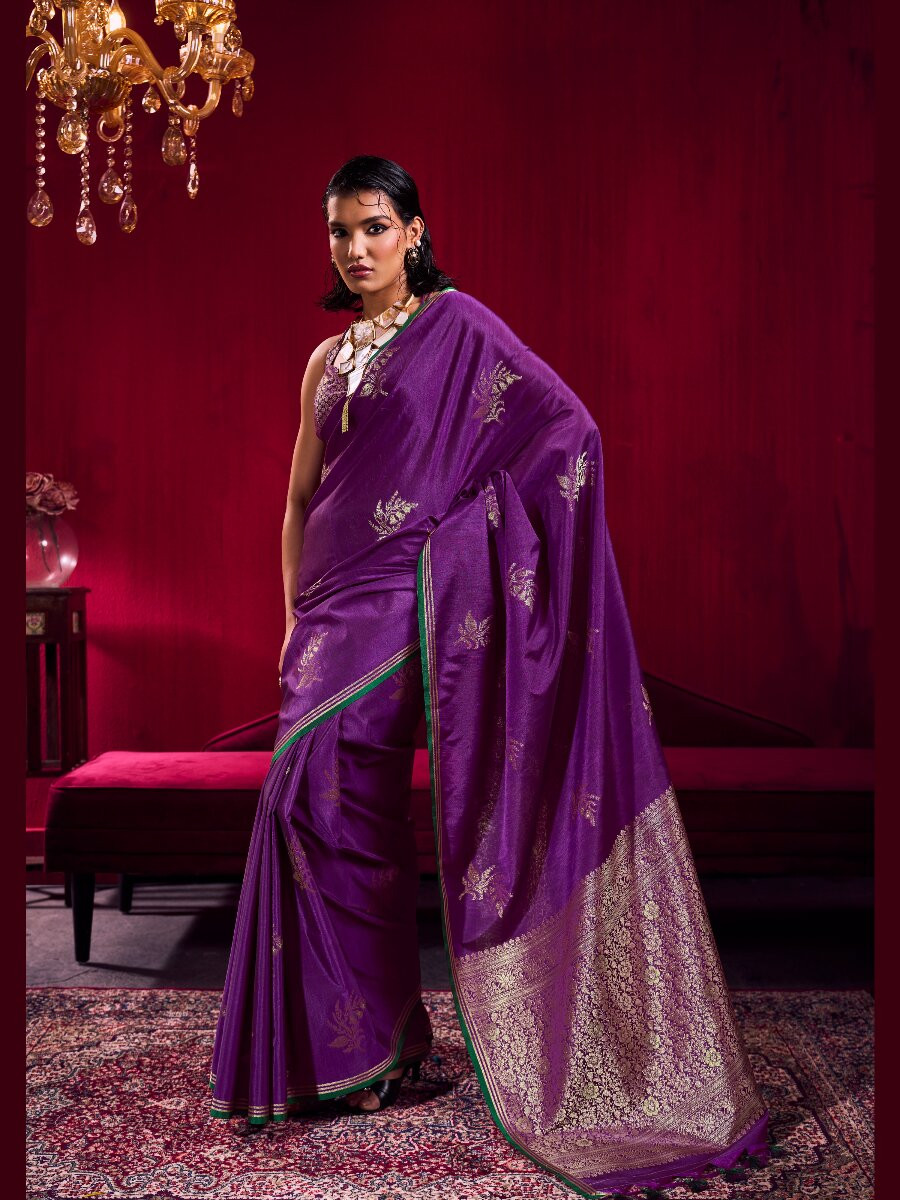 Purple Satin Linen Silk Handwoven Weaving Wedding Reception Party Festival Heavy Border Sarees