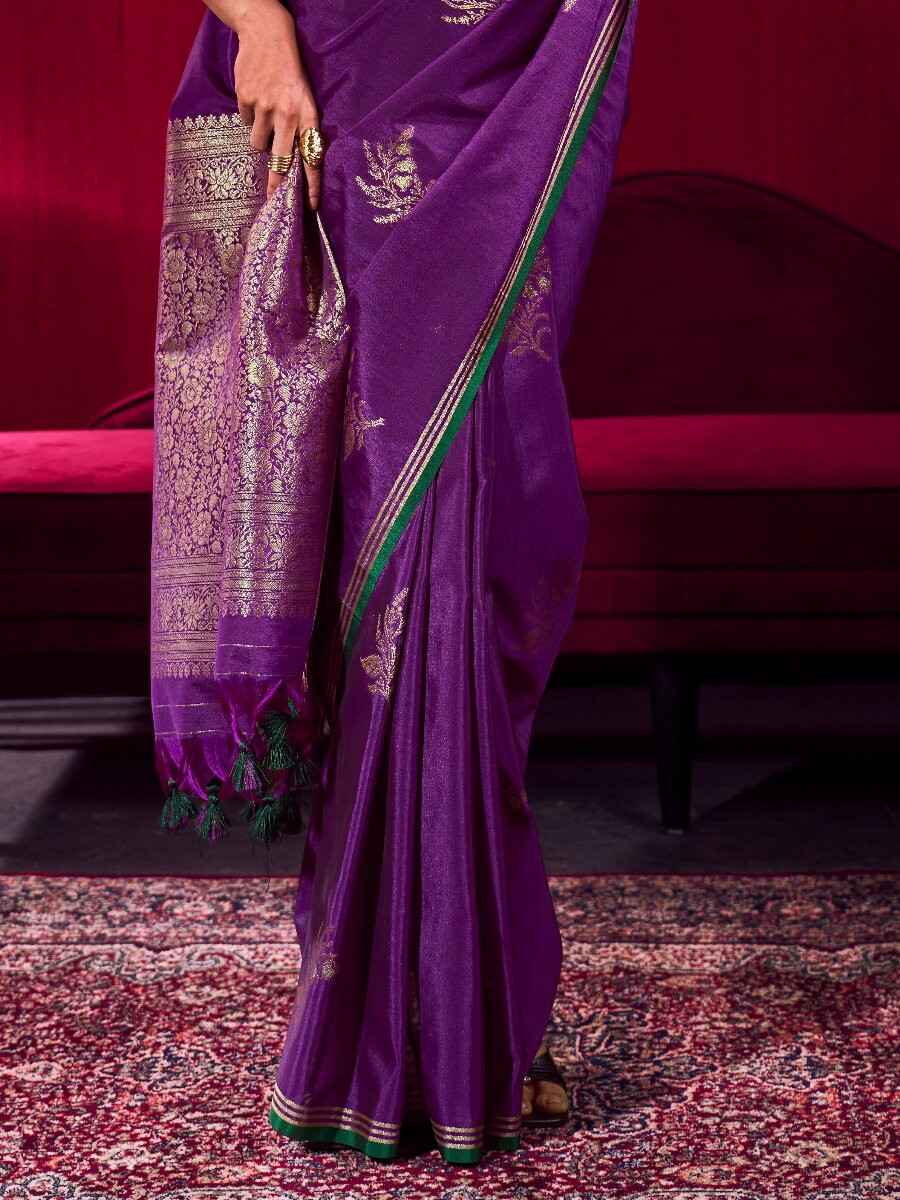 Purple Satin Linen Silk Handwoven Weaving Wedding Reception Party Festival Heavy Border Sarees