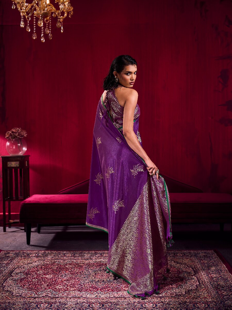 Purple Satin Linen Silk Handwoven Weaving Wedding Reception Party Festival Heavy Border Sarees