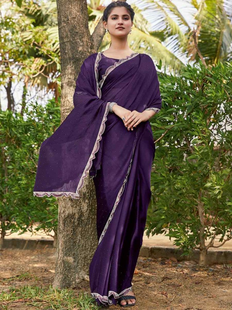 Purple Satin Silk Chiffon Embroidered Reception Party Classic Style Saree