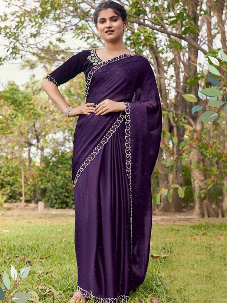 Purple Satin Silk Chiffon Embroidered Reception Party Classic Style Saree