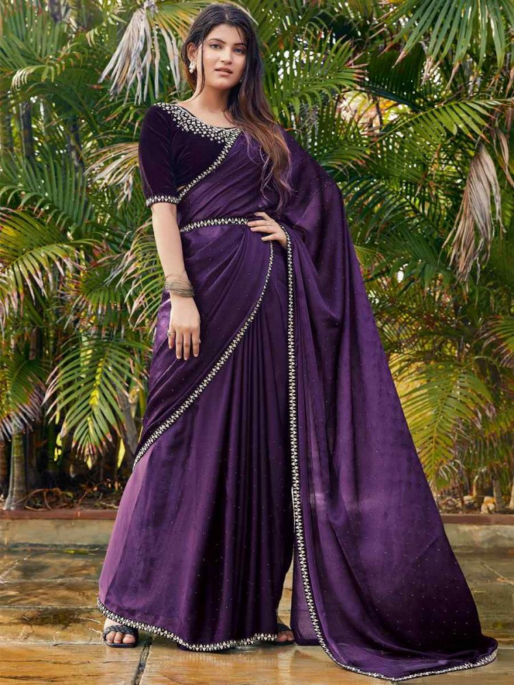 Purple Satin Silk Chiffon Embroidered Reception Party Classic Style Saree