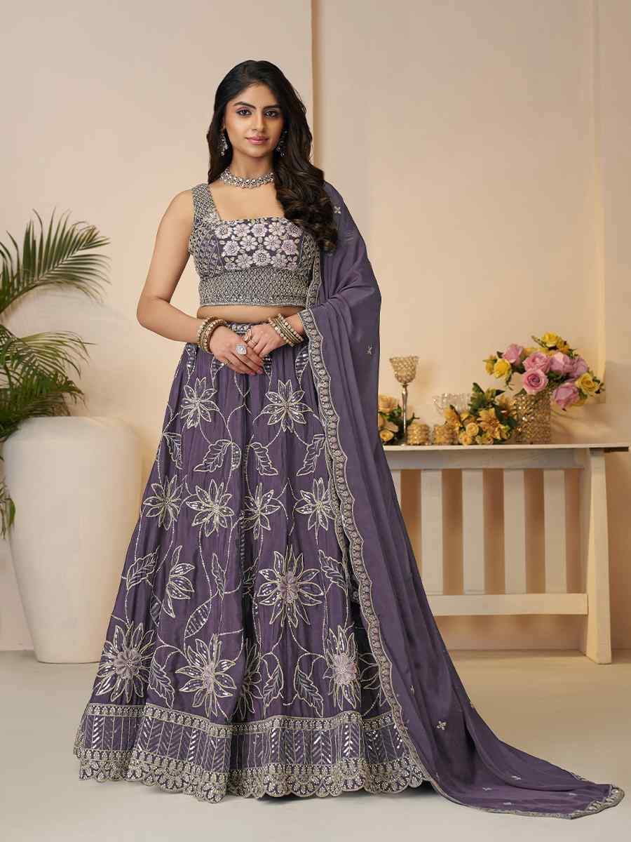 Purple Satin silk Embroidered Wedding Bridesmaid Heavy Border Lehenga Choli