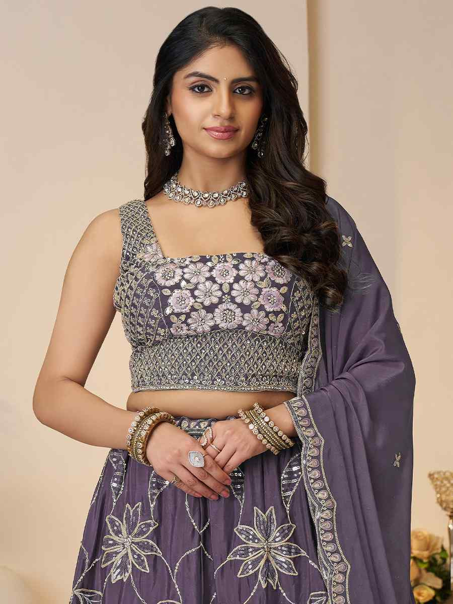 Purple Satin silk Embroidered Wedding Bridesmaid Heavy Border Lehenga Choli