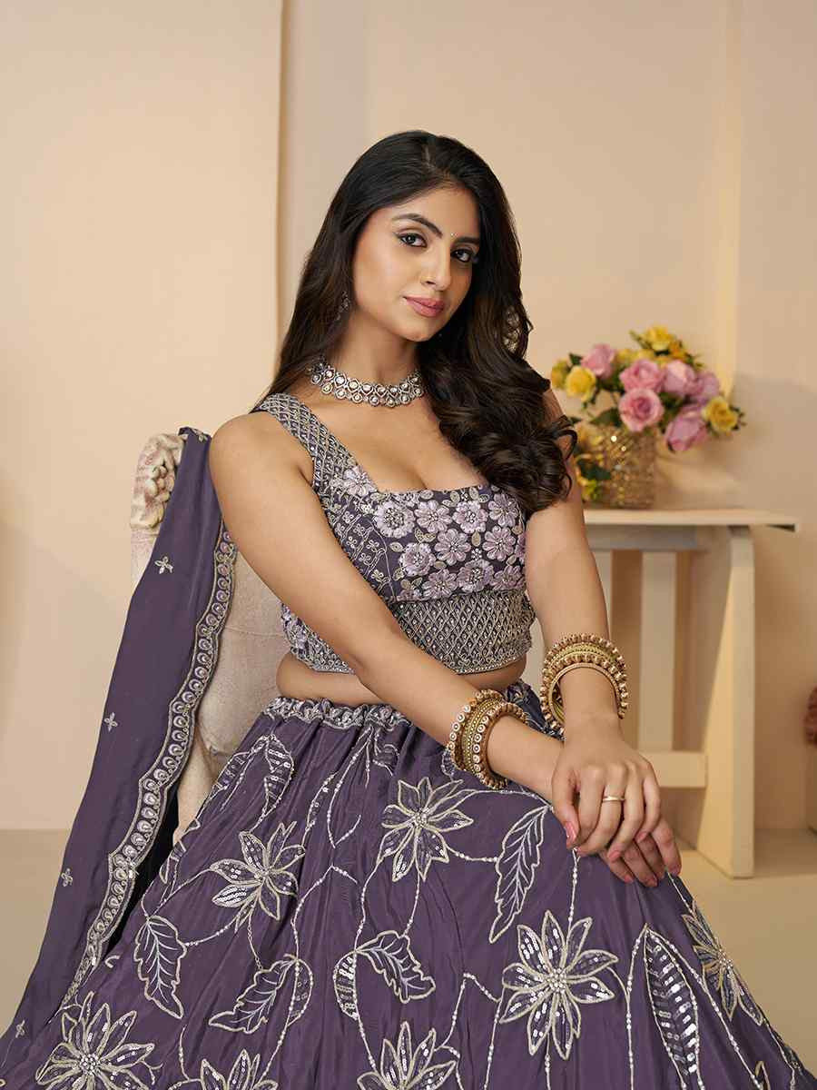 Purple Satin silk Embroidered Wedding Bridesmaid Heavy Border Lehenga Choli