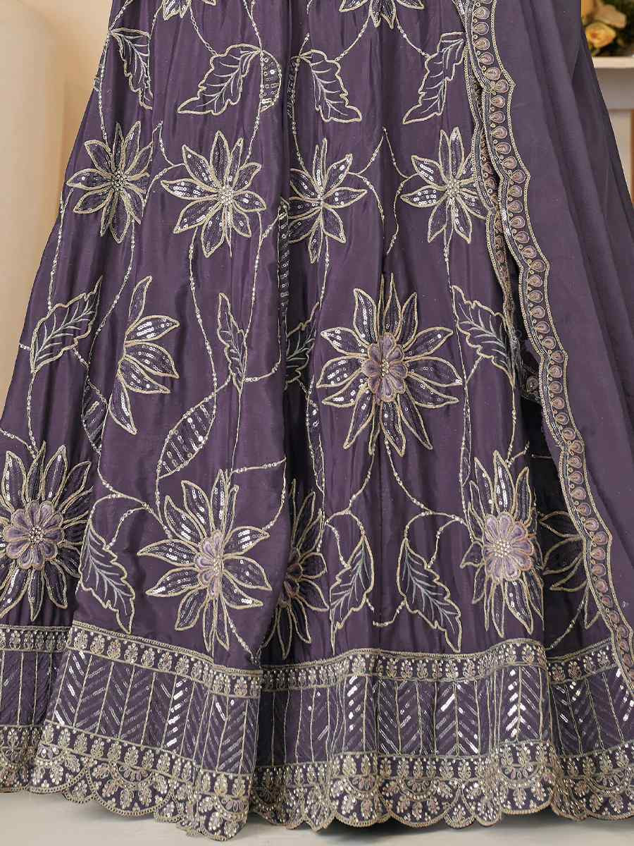 Purple Satin silk Embroidered Wedding Bridesmaid Heavy Border Lehenga Choli