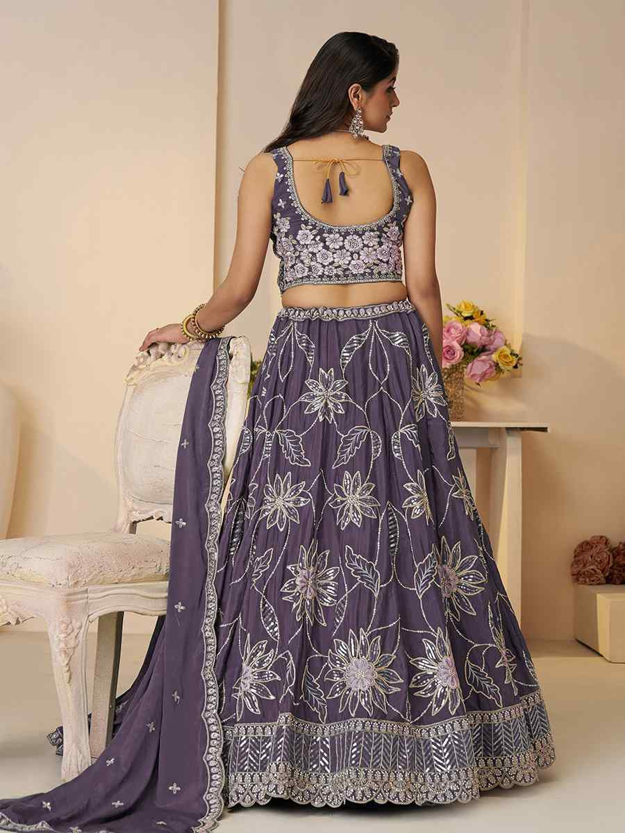 Purple Satin silk Embroidered Wedding Bridesmaid Heavy Border Lehenga Choli