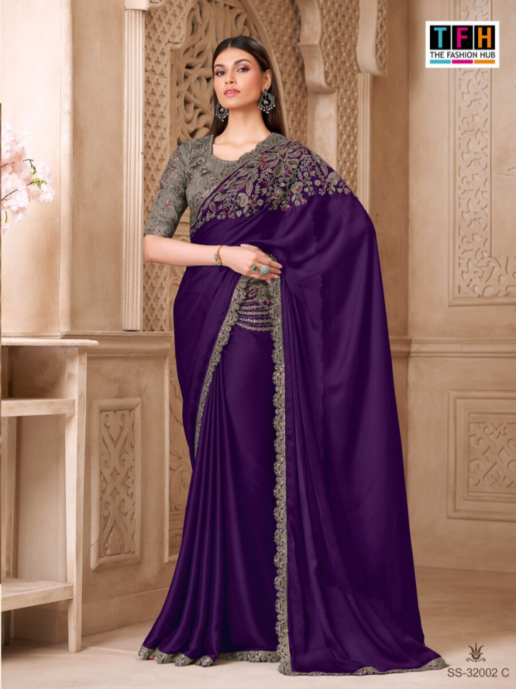 Image of Purple Satin Silk Embroidery Sequins Wedding Reception Party Festival Heavy Border Sarees