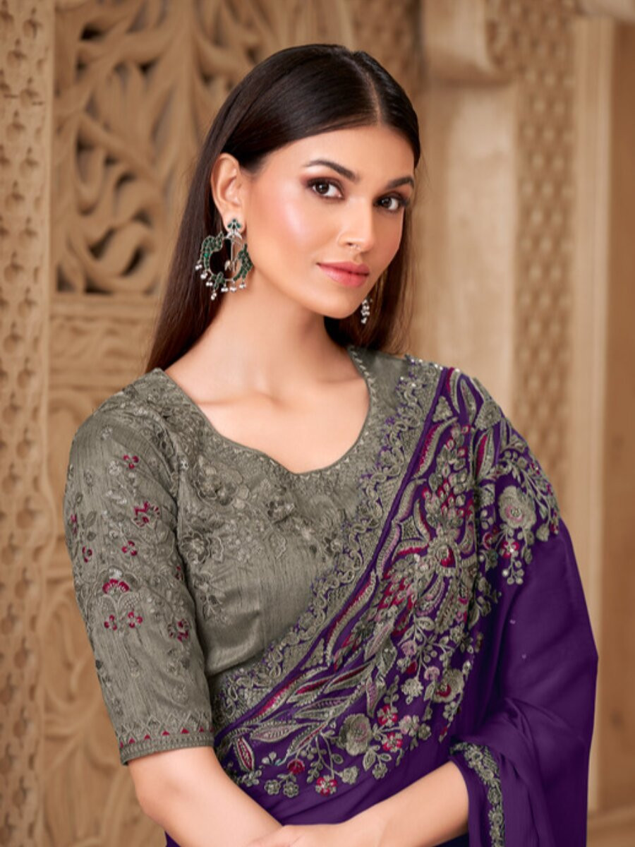 Purple Satin Silk Embroidery Sequins Wedding Reception Party Festival Heavy Border Sarees