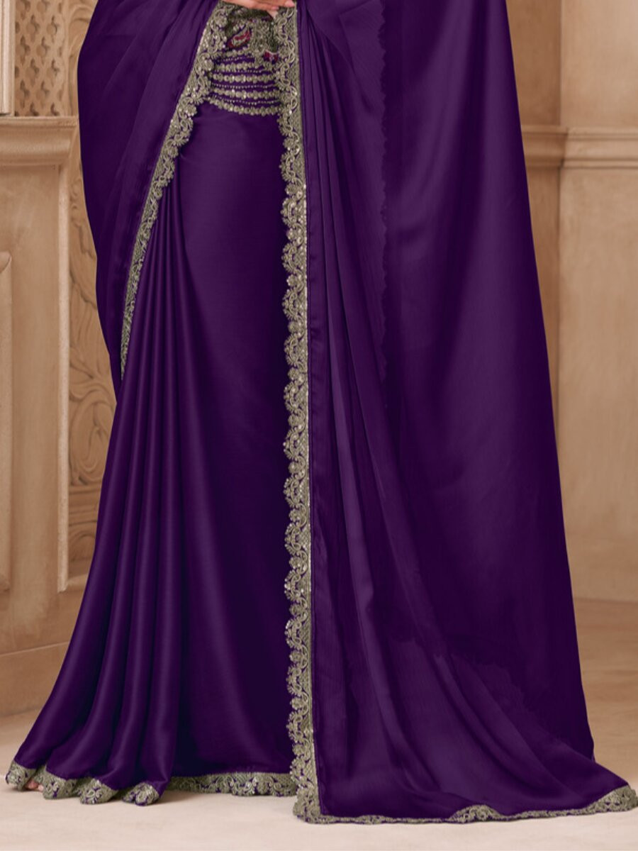 Purple Satin Silk Embroidery Sequins Wedding Reception Party Festival Heavy Border Sarees