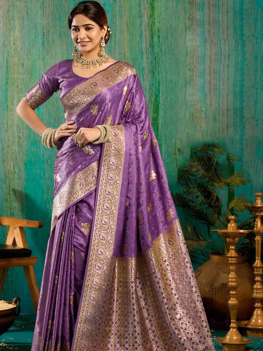 Purple Satin Silk Handwoven Casual Reception Festival Wedding Fancy Classic Style Sarees