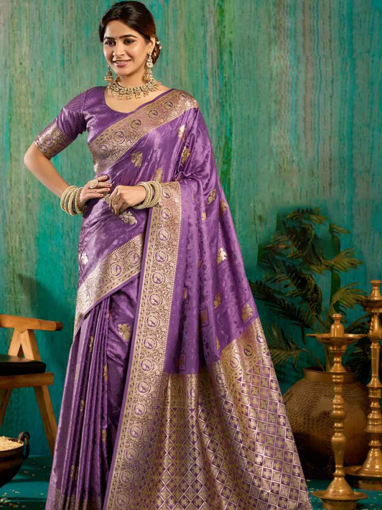 Image of Purple Satin Silk Handwoven Casual Reception Festival Wedding Fancy Classic Style Sarees