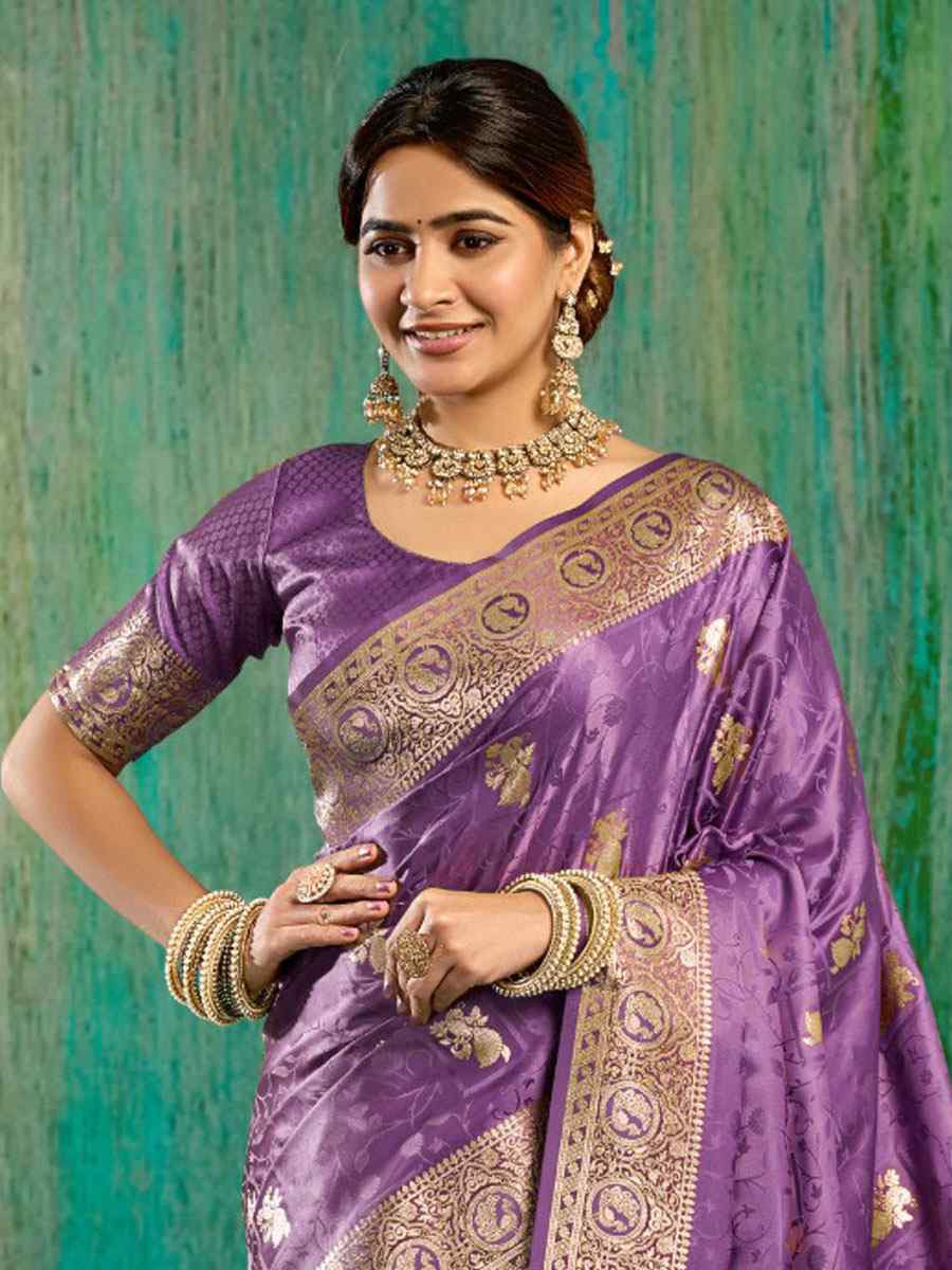 Purple Satin Silk Handwoven Casual Reception Festival Wedding Fancy Classic Style Sarees