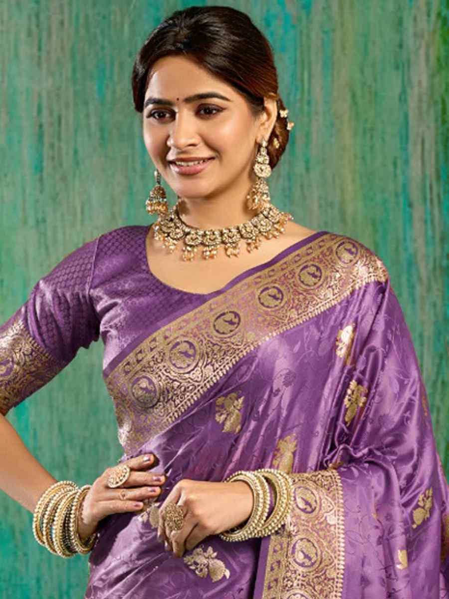 Purple Satin Silk Handwoven Casual Reception Festival Wedding Fancy Classic Style Sarees