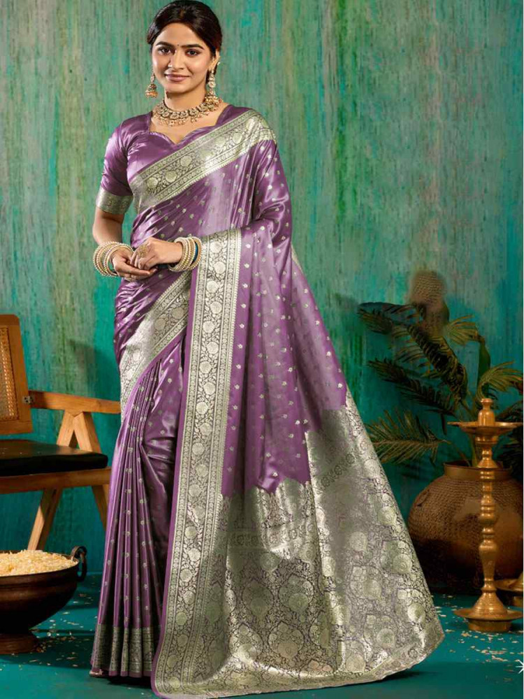Image of Purple Satin Silk Handwoven Casual Reception Festival Wedding Fancy Classic Style Sarees