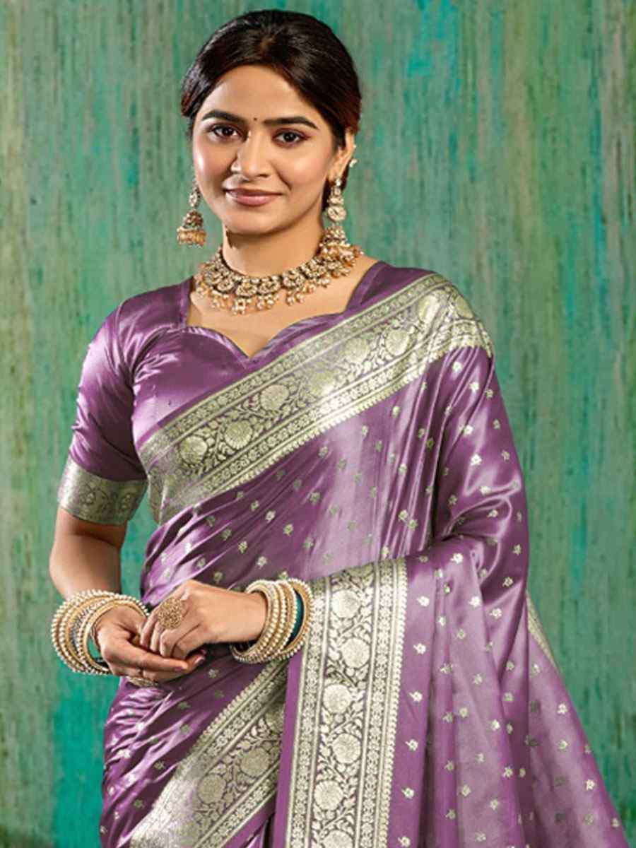 Purple Satin Silk Handwoven Casual Reception Festival Wedding Fancy Classic Style Sarees