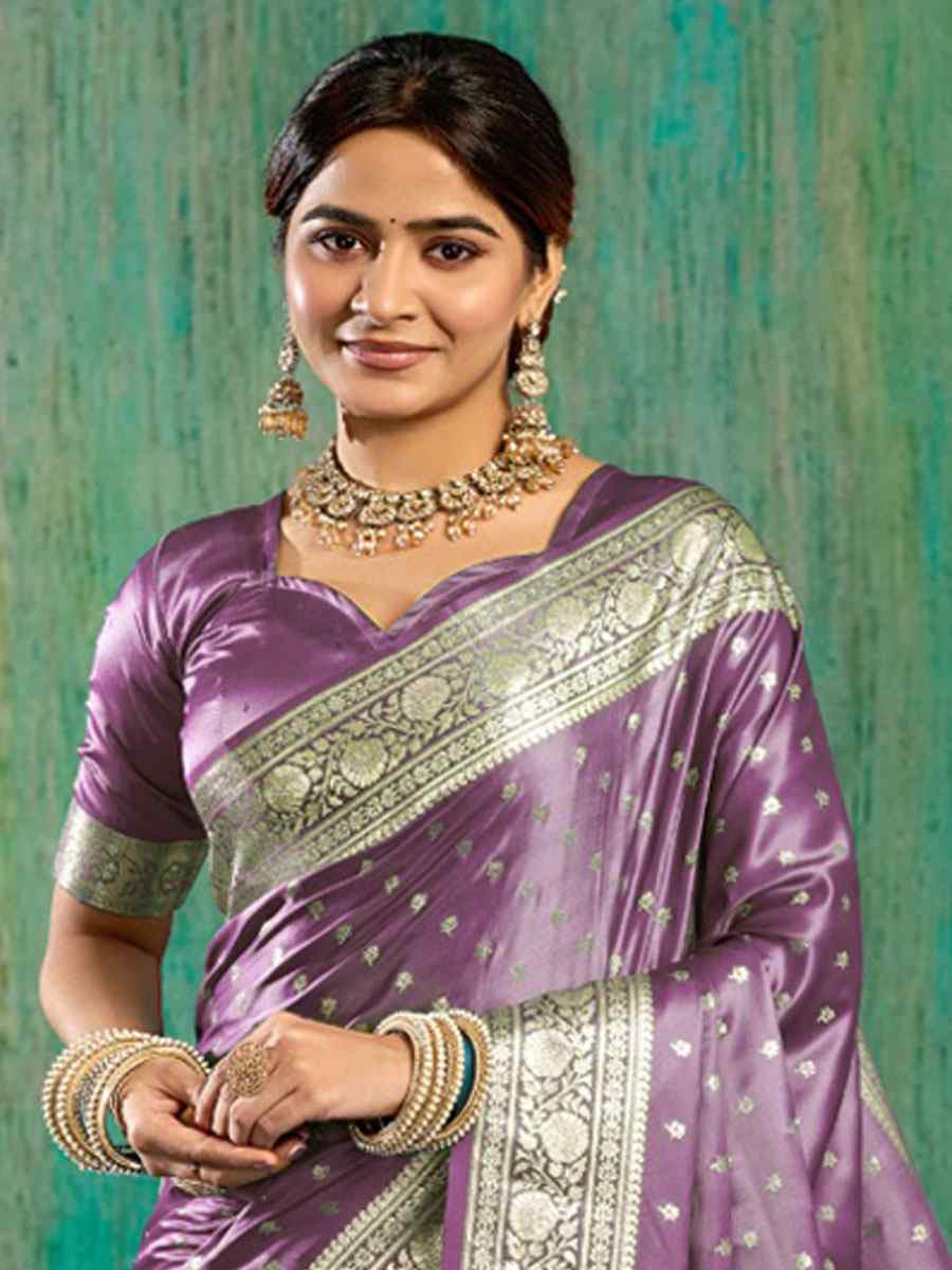 Purple Satin Silk Handwoven Casual Reception Festival Wedding Fancy Classic Style Sarees