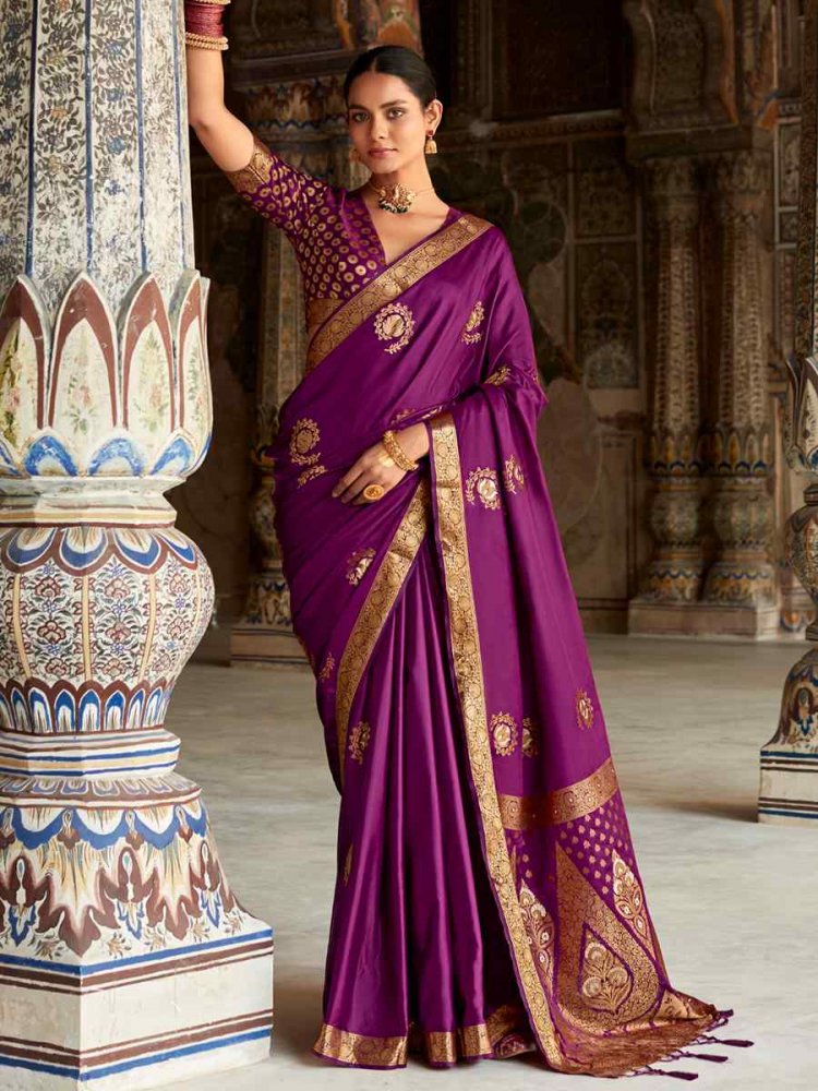 Purple Satin Silk Handwoven Wedding Festival Heavy Border Saree