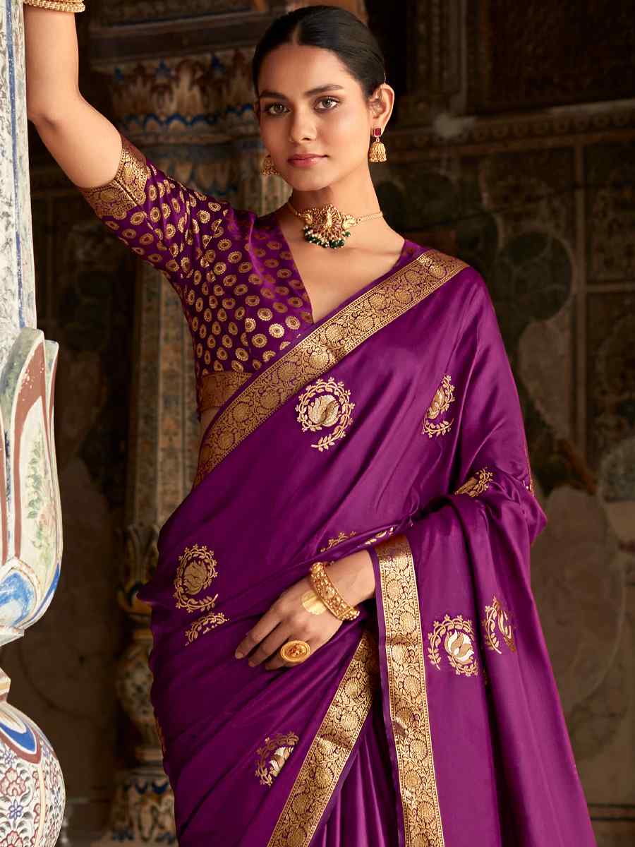 Purple Satin Silk Handwoven Wedding Festival Heavy Border Saree