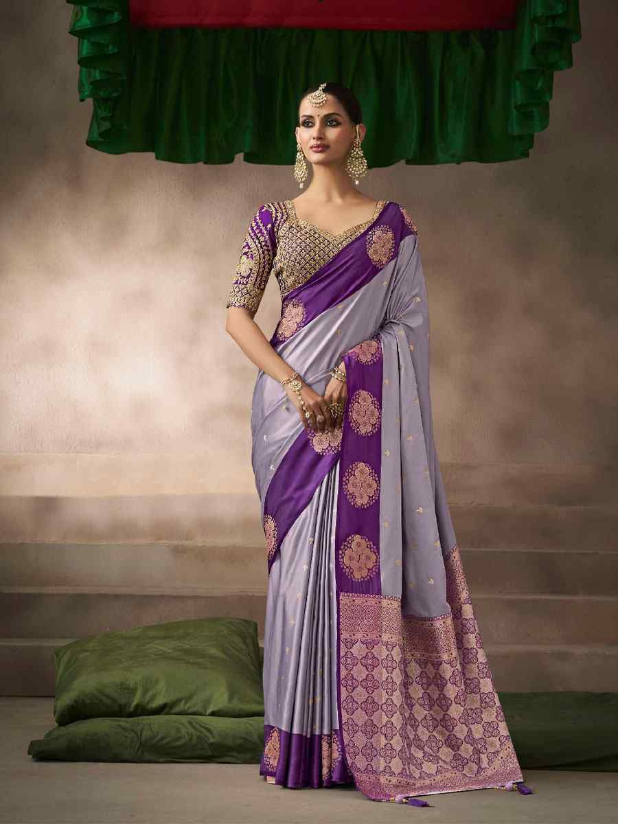 Purple Satin Silk Handwoven Zari Work Traditional Bridal Reception Festival Wedding Fancy Heavy Border Saree