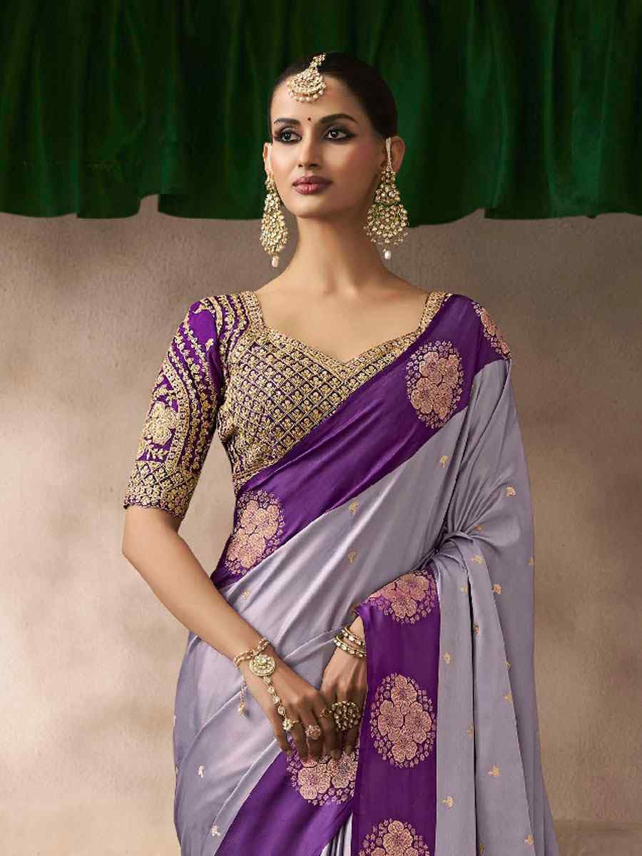 Purple Satin Silk Handwoven Zari Work Traditional Bridal Reception Festival Wedding Fancy Heavy Border Saree
