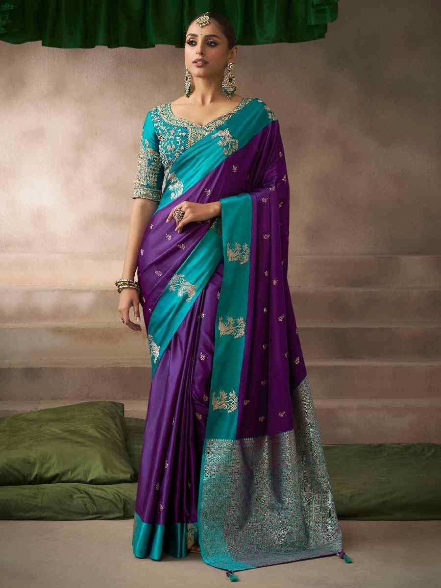 Purple Satin Silk Handwoven Zari Work Traditional Bridal Reception Festival Wedding Fancy Heavy Border Saree