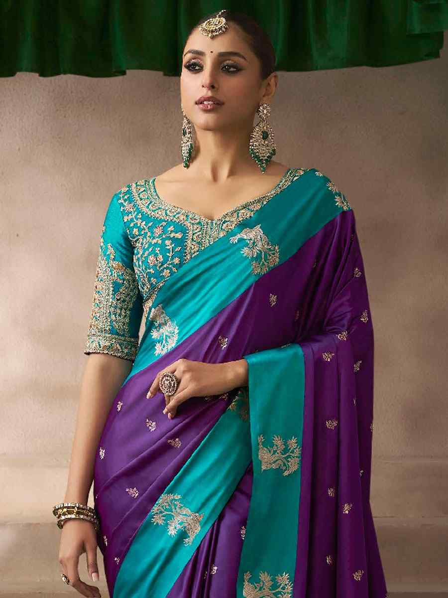 Purple Satin Silk Handwoven Zari Work Traditional Bridal Reception Festival Wedding Fancy Heavy Border Saree