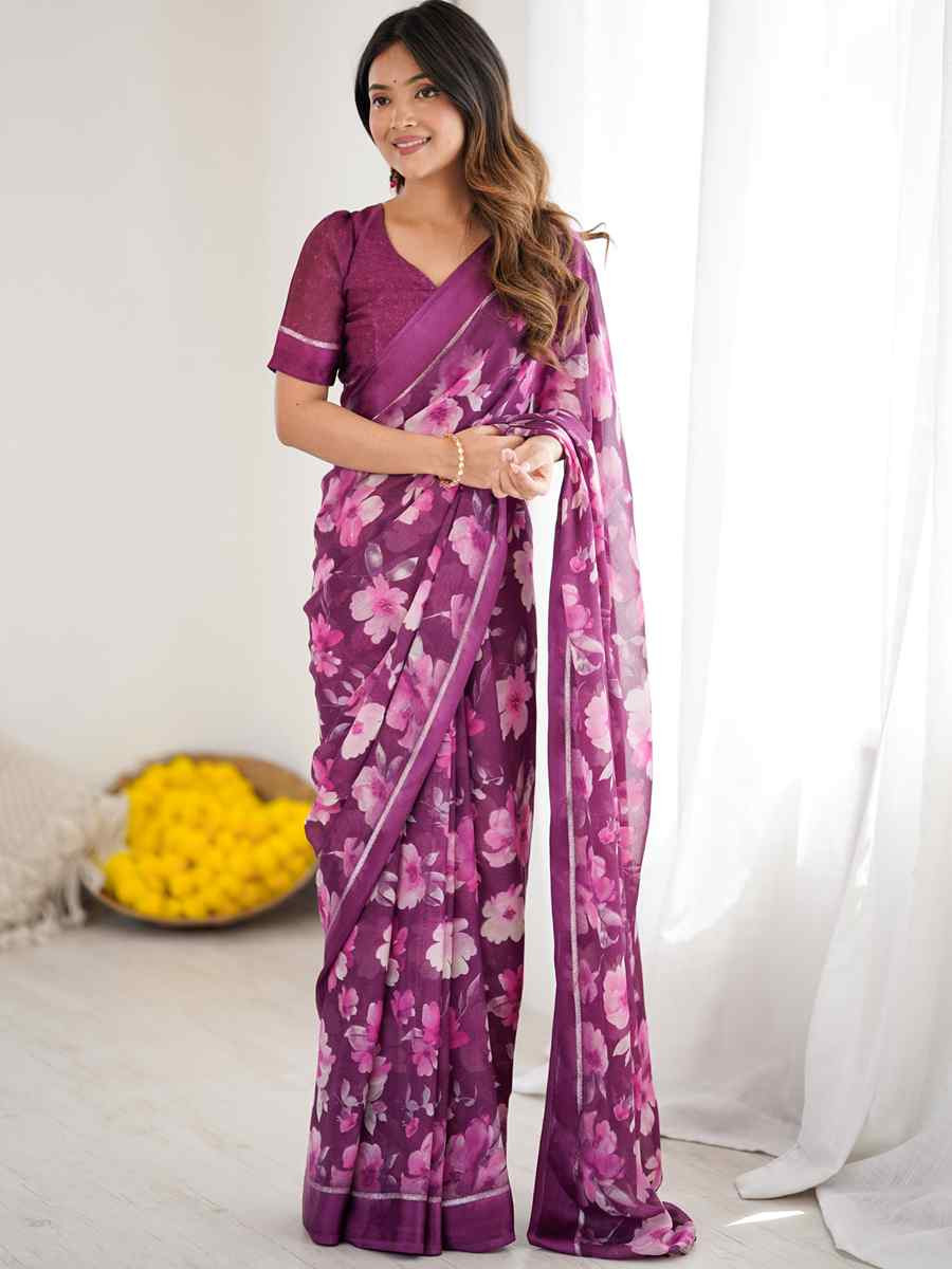 Purple Satin Silk Printed Casual Reception Festival Wedding Fancy Classic Style Sarees