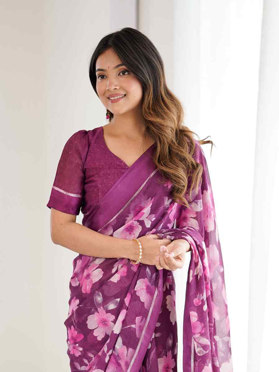 Purple Satin Silk Printed Casual Reception Festival Wedding Fancy Classic Style Sarees