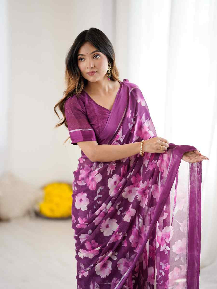Purple Satin Silk Printed Casual Reception Festival Wedding Fancy Classic Style Sarees