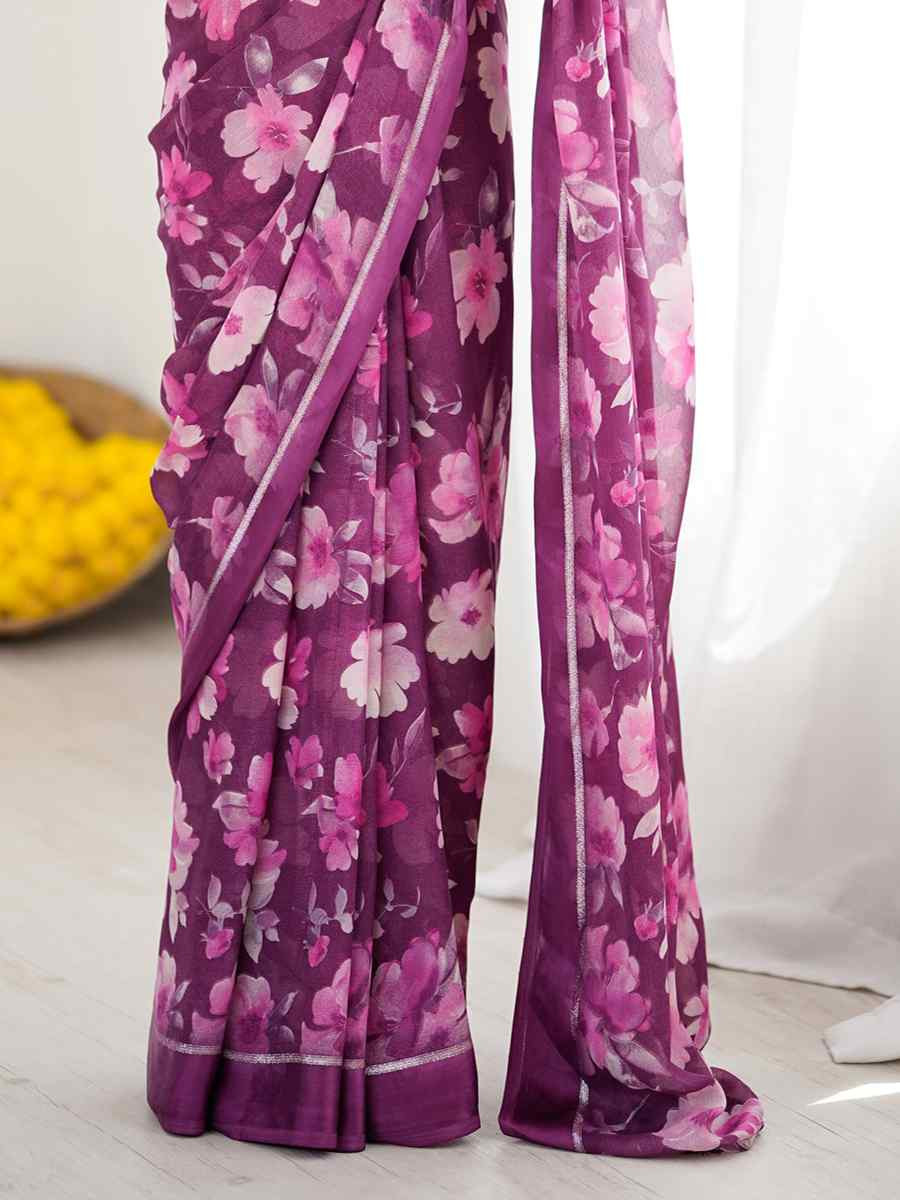 Purple Satin Silk Printed Casual Reception Festival Wedding Fancy Classic Style Sarees