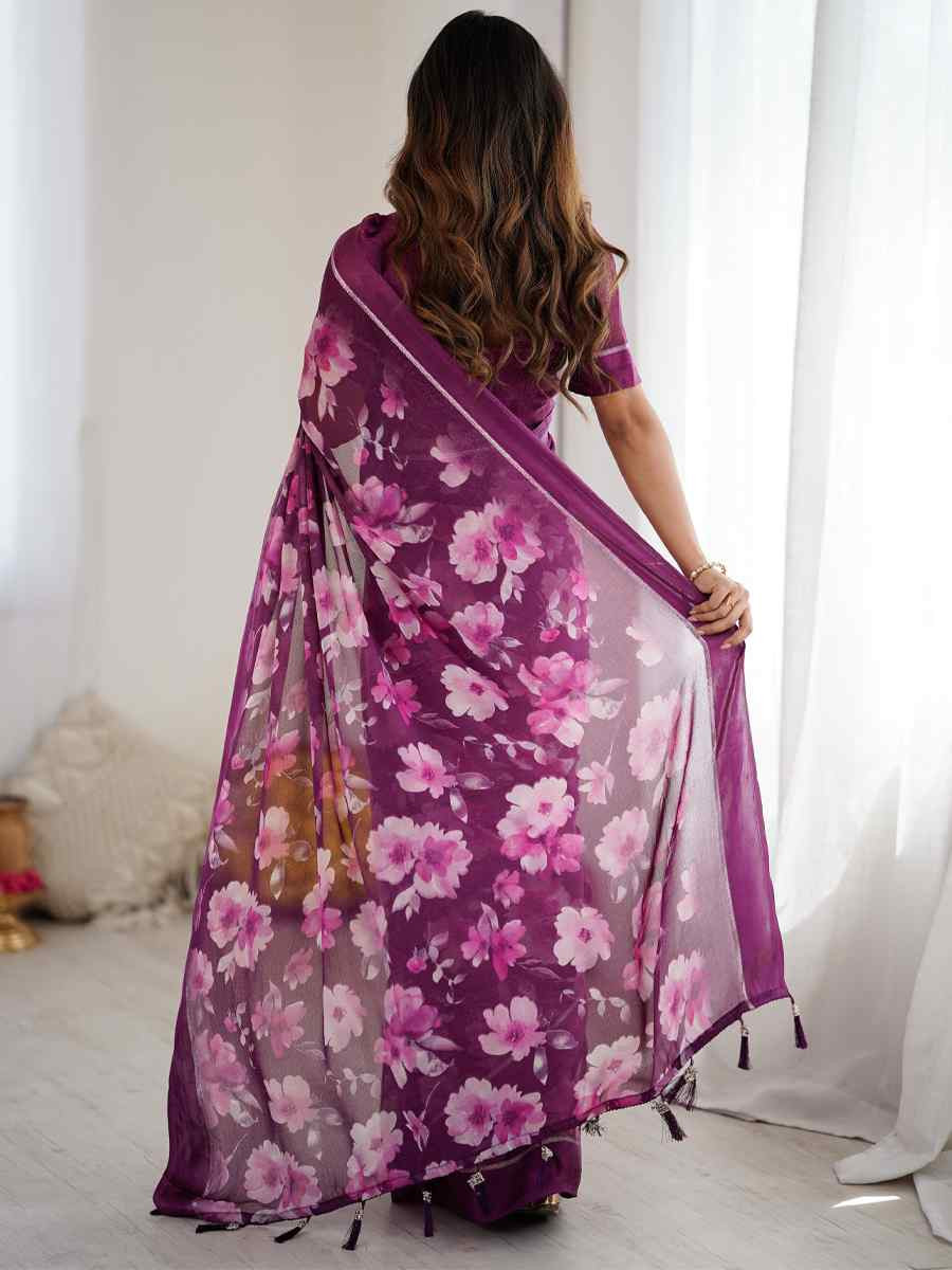 Purple Satin Silk Printed Casual Reception Festival Wedding Fancy Classic Style Sarees