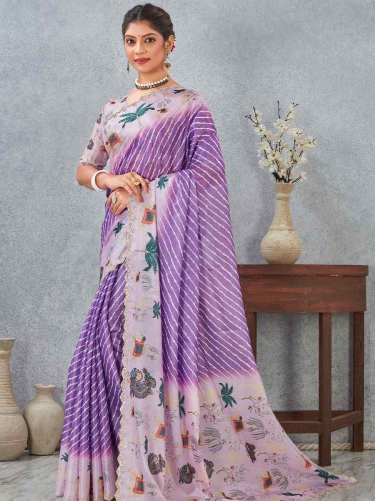 Image of Purple Satin Silk Printed Traditional Casual Reception Festival Wedding Fancy Heavy Border Saree