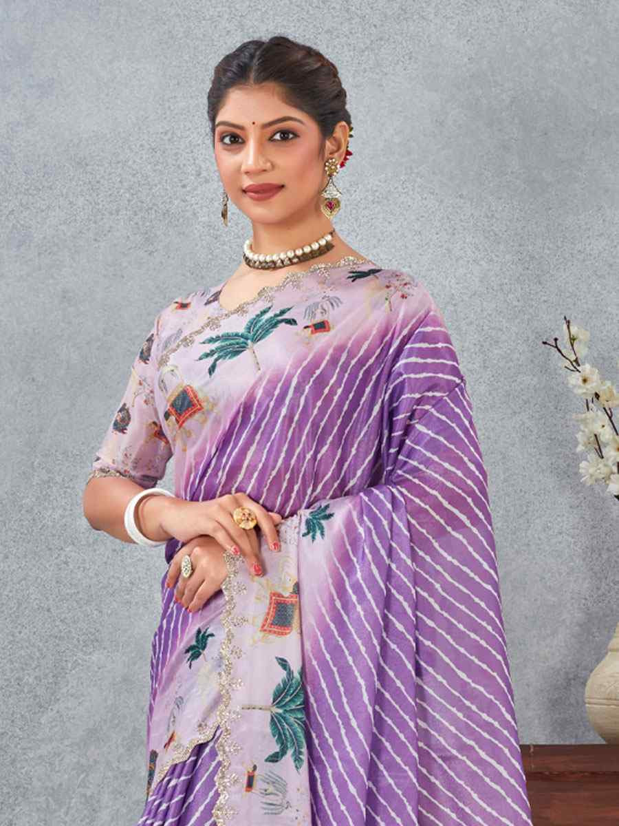 Purple Satin Silk Printed Traditional Casual Reception Festival Wedding Fancy Heavy Border Saree