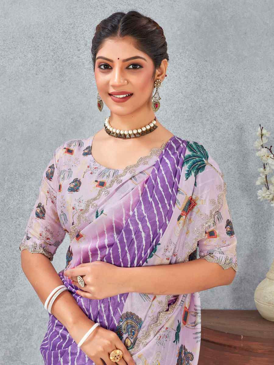 Purple Satin Silk Printed Traditional Casual Reception Festival Wedding Fancy Heavy Border Saree
