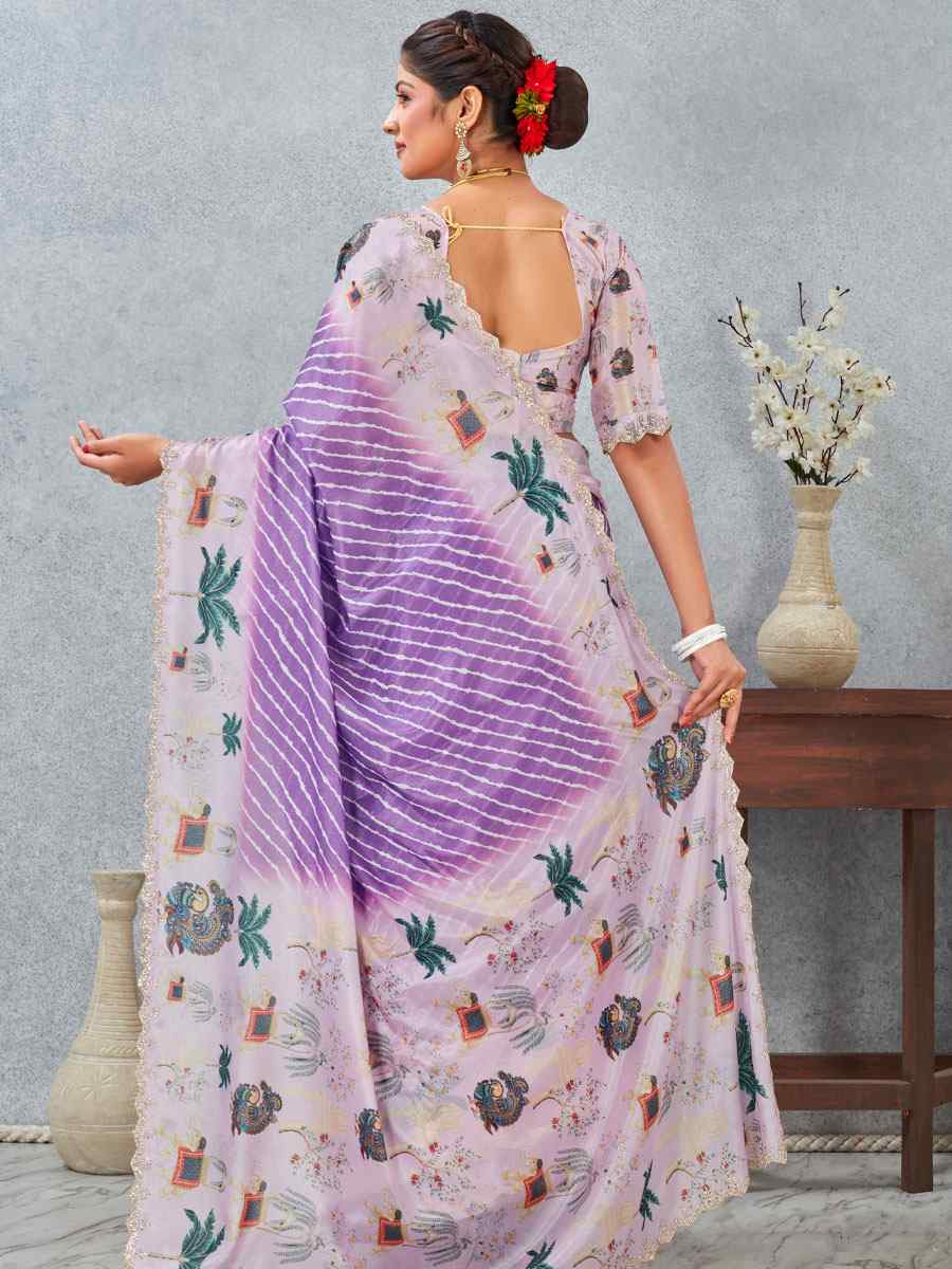 Purple Satin Silk Printed Traditional Casual Reception Festival Wedding Fancy Heavy Border Saree